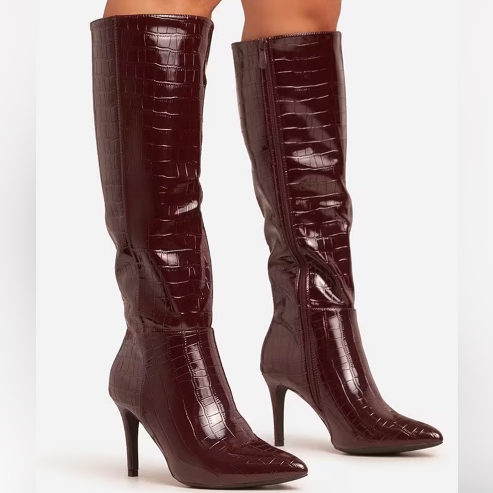 Women's Burgundy Croc-Embossed Knee-High Boots